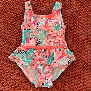 Carters just one you 9M floral one piece bath in suit w snap crotch and ruffles